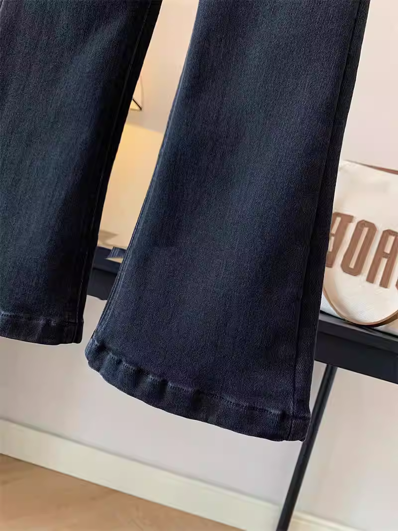 Quần jean loe nữ trẻ em, quần áo mùa thu, kiểu đơn giản đa năng, cạp cao, màu đen, chất liệu washed, kiểu dáng ôm body, chất liệu thun co giãn dành cho học sinh.