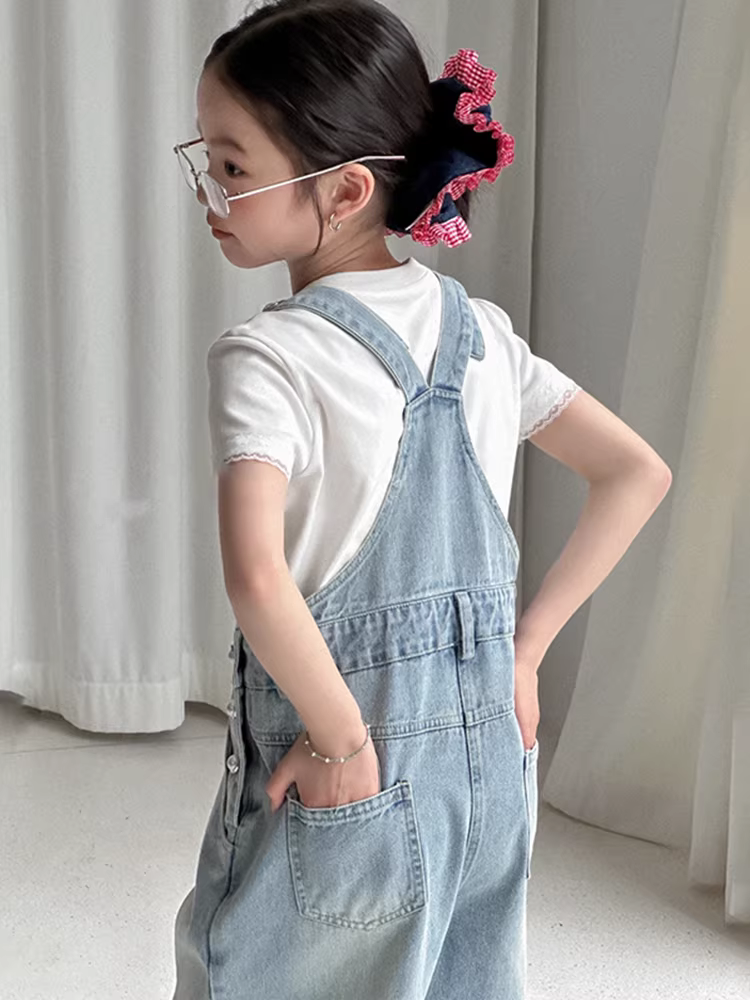 Quần jean thắt nơ cho bé gái 25 kiểu dáng mới xuân thu quần ống đứng cho trẻ lớn có dây đeo có thể điều chỉnh