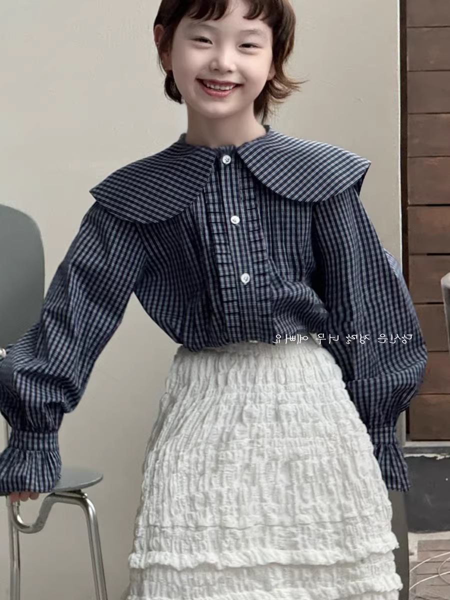 Áo sơ mi nữ, áo sơ mi dài tay, áo kẻ sọc sành điệu, áo khoác, quần áo trẻ em mùa thu, rộng rãi, ngọt ngào và hợp thời trang cho bé gái, quần áo trẻ em cỡ vừa và lớn