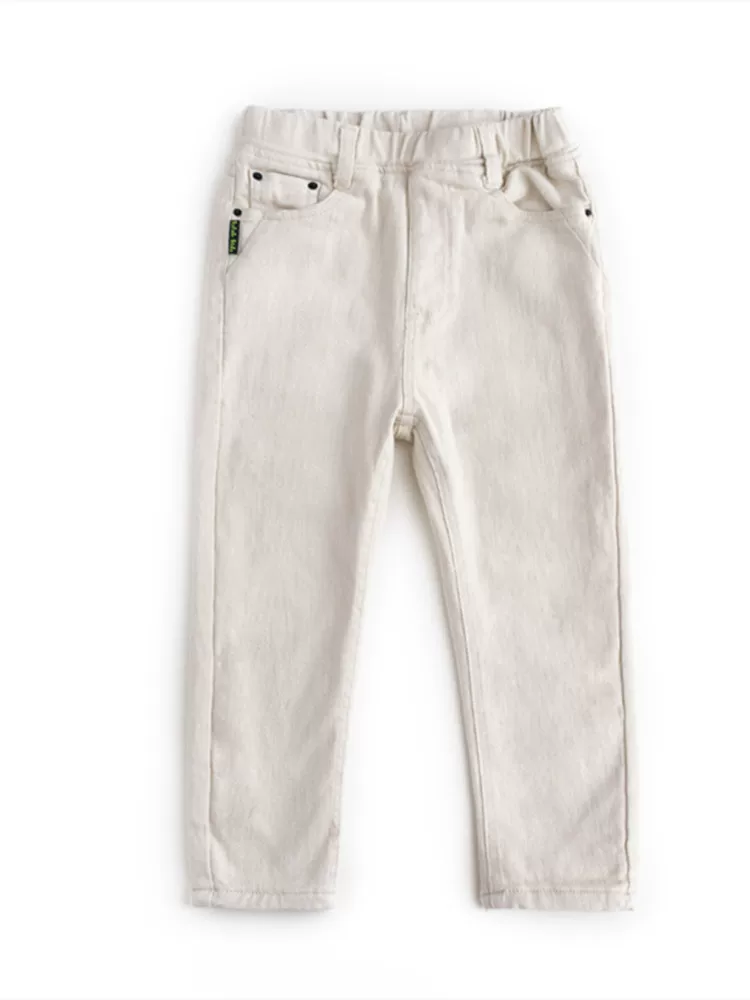 Quần bé gái xuân thu 2025 kiểu Hàn Quốc thời trang, quần jeans trắng trẻ em lớn, quần nỉ ấm áp, phong cách năng động
