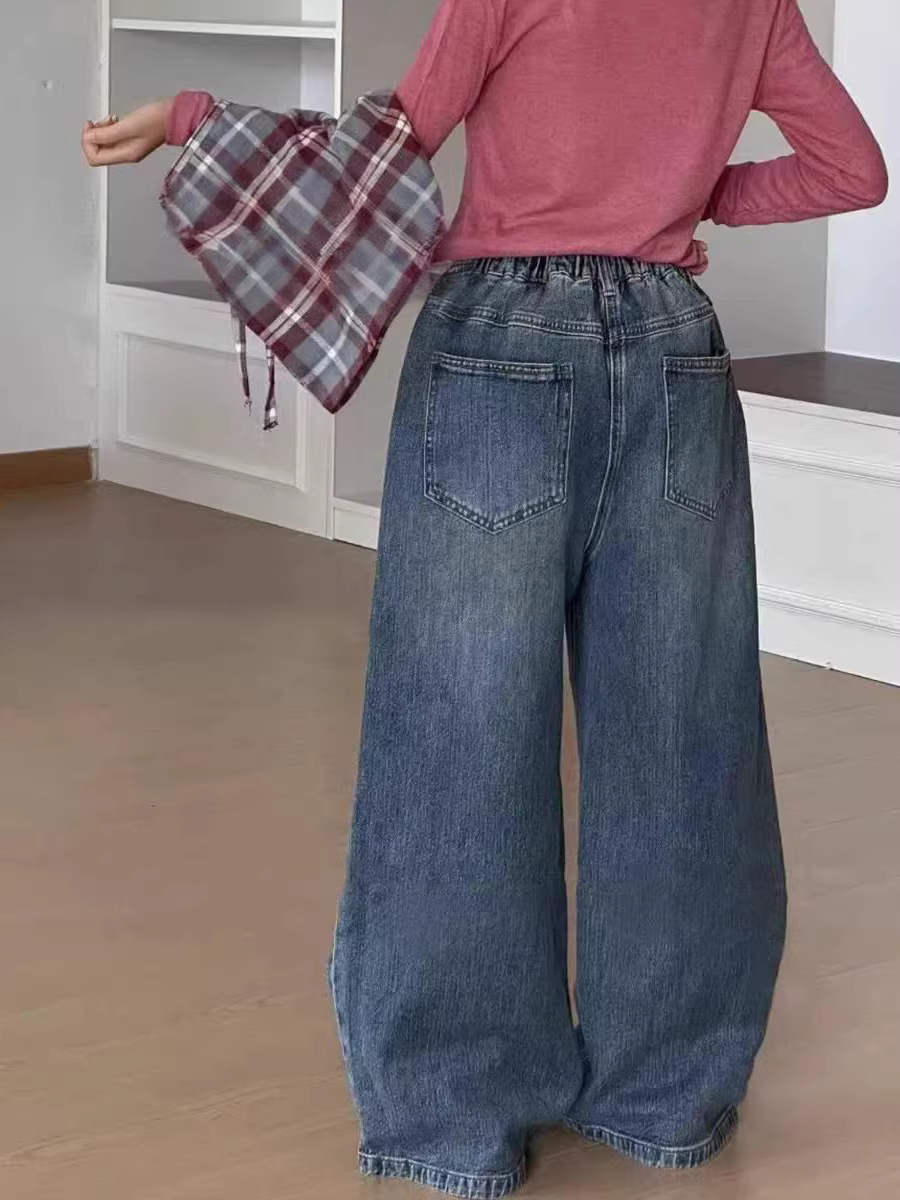 Quần jean ống đứng có chân váy cho bé gái, quần thường ngày mùa thu cho trẻ em, quần dài ống rộng, dáng rộng, đa năng, giúp thon gọn và tăng chiều cao.