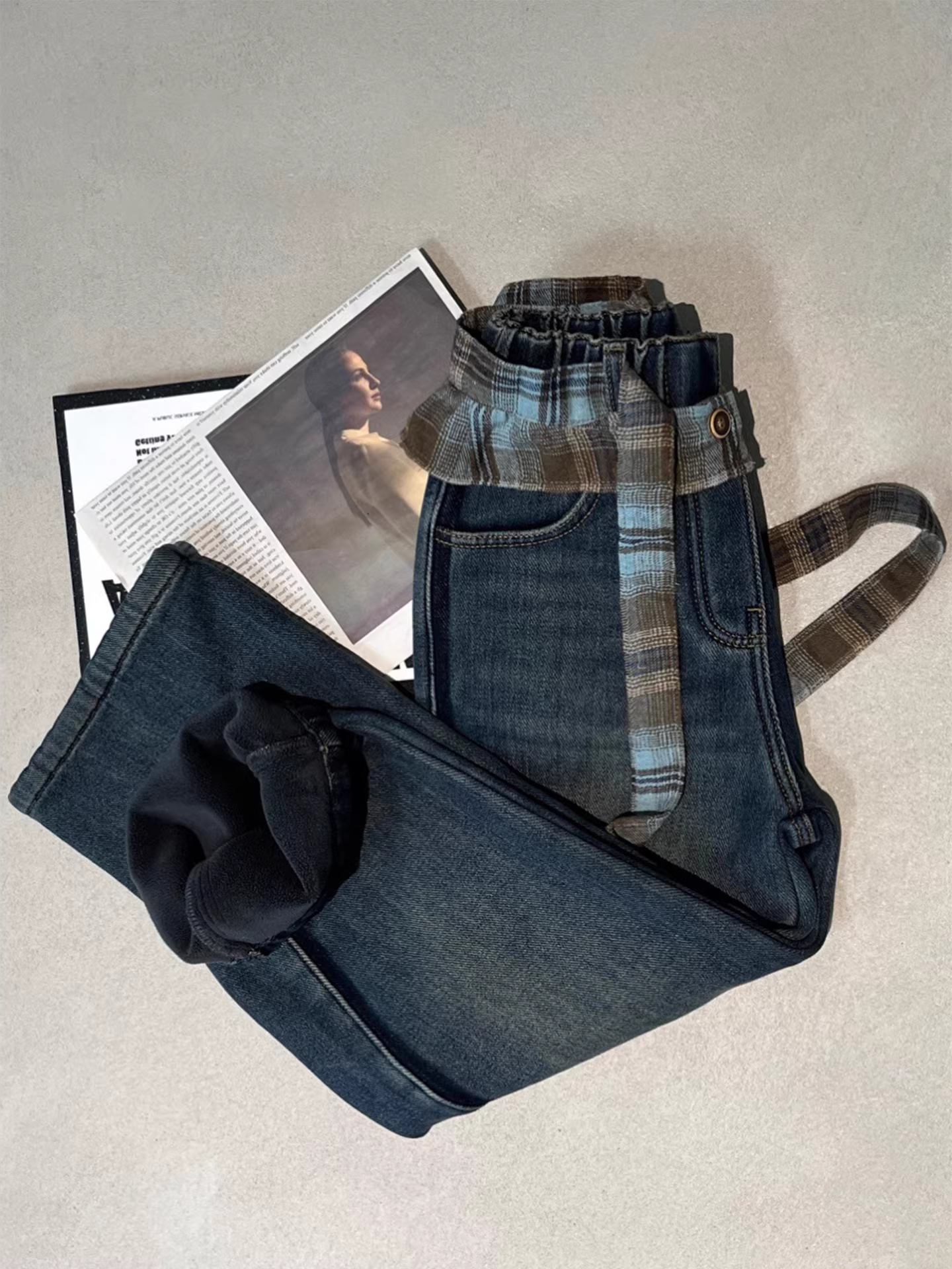 Quần jeans ống đứng phối vải lông cừu, họa tiết kẻ ca rô, phối ren, dành cho bé gái, mùa đông 2025, quần ống rộng tích hợp lớp lông cừu