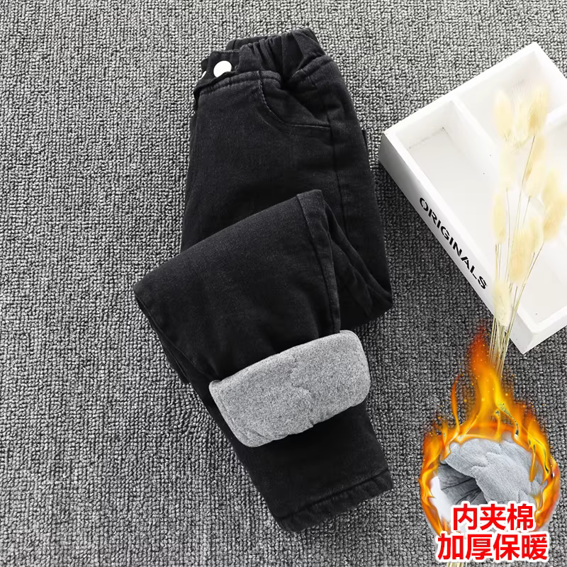 Quần jeans dày lót lông cừu cho trẻ em mùa đông 2025, quần cotton dày giữ ấm cho bé trai, quần cotton cho bé gái