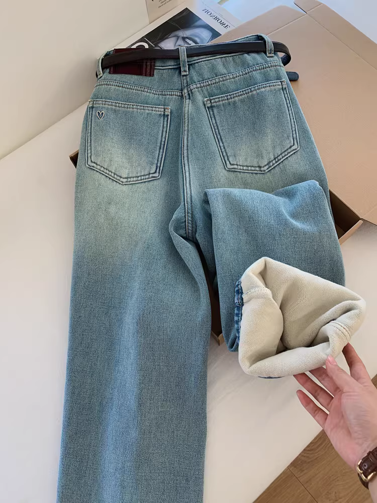 Quần jean ống rộng, chất liệu dày dặn, lót lông cừu cao cấp, màu sáng dành cho nữ, quần dài dáng rộng, phong cách năng động, đa năng và thời trang.