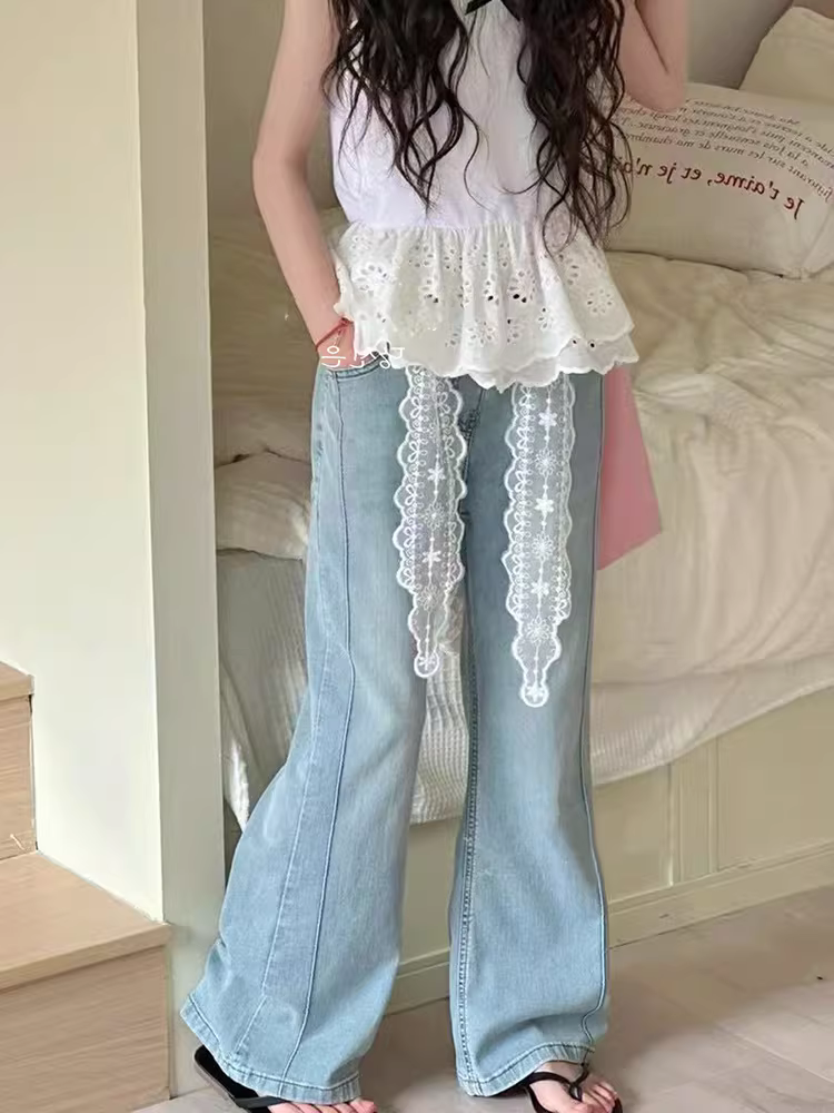 Quần ống loe phối dây ren cho bé gái xuân hè 2025, quần hè mới cho trẻ lớn, quần jean ôm dáng, chất liệu mỏng
