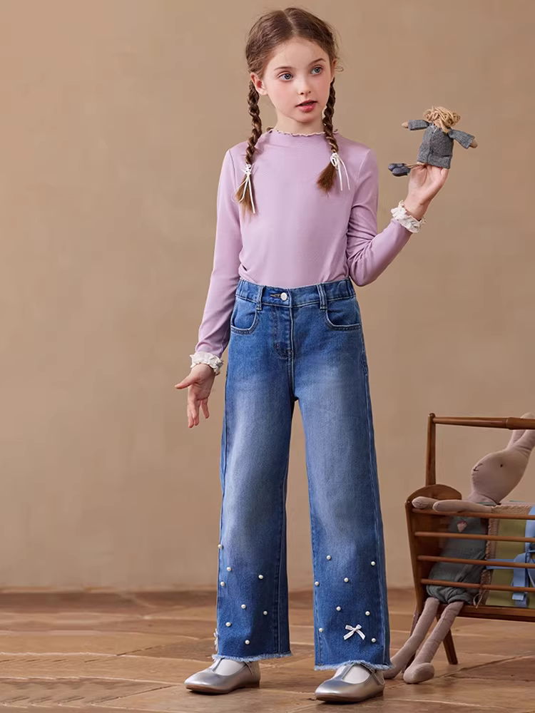 Quần jeans bé gái thu đông 2025 kiểu mới, quần trẻ em dáng thẳng, quần thường ngày, quần ống rộng trẻ em cỡ trung và lớn, quần dài dáng nhỏ nhắn