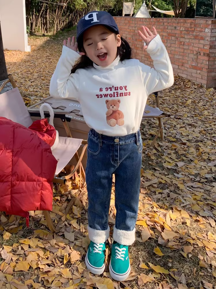 Quần jean lót lông cừu cho bé gái mặc mùa đông, quần cotton dày dặn thời trang mùa thu đông cho trẻ em, quần ấm ba lớp chần bông