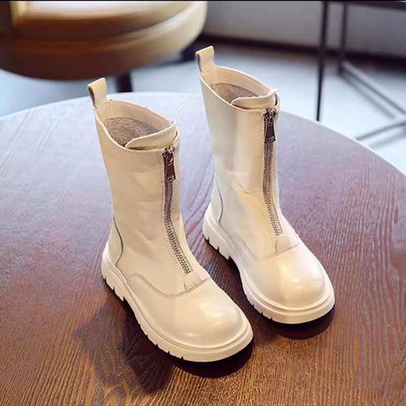 Giày bốt da thật đến giữa bắp chân cho bé gái 2025, mẫu mới xuân thu, giày cao cổ lót lông giữ ấm cho bé gái, giày mùa đông bé gái, giày bông đôi