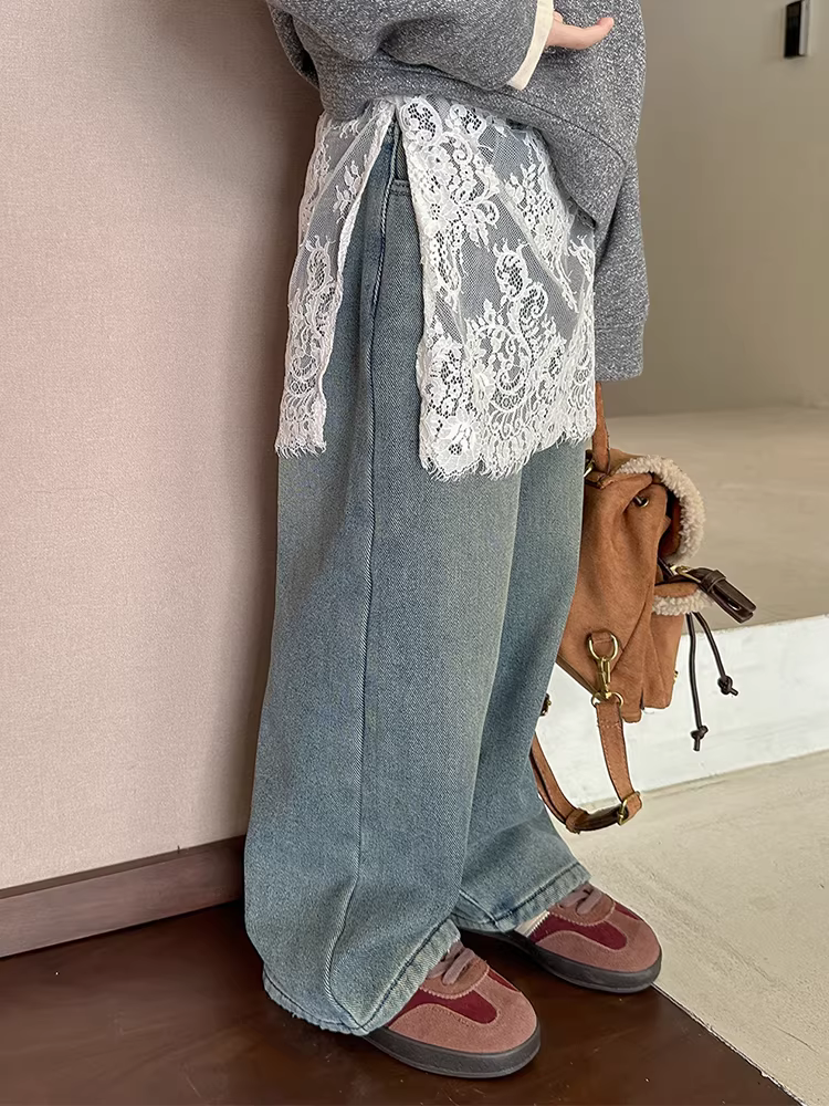 Quần áo trẻ em mùa đông cho bé gái, quần jean lót lông cừu phối ren, quần kiểu thu đông, quần ống thẳng cho trẻ lớn, quần dài đa năng.