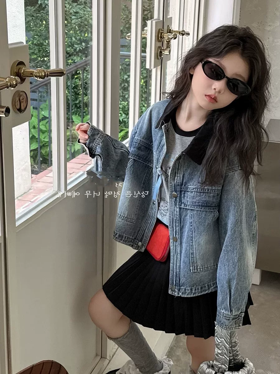 Quần áo trẻ em phong cách Hàn Quốc áo khoác denim bé gái áo khoác mùa thu áo khoác dài tay sành điệu cho bé gái quần áo trẻ em bé trai hợp thời trang