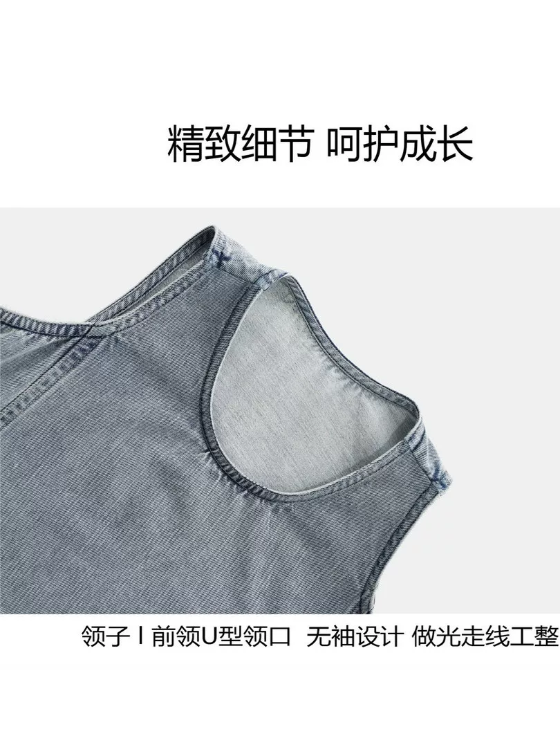 Váy denim không tay dành cho nữ váy dài có dây đeo váy dài 25 xuân hè dáng rộng giản dị hợp thời trang đa năng dành cho trẻ lớn và phù hợp giữa cha mẹ và con cái