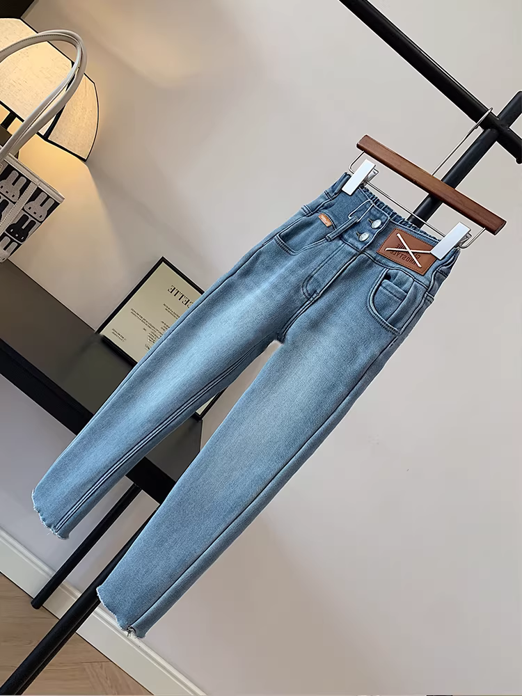 Quần jean nữ bé gái mùa đông 2025 kiểu mới, lót lông cừu, cạp cao, ôm dáng, dành cho trẻ lớn hơn, quần skinny và quần ống loe đa năng