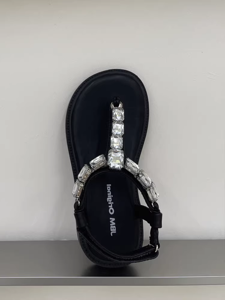 Dép quai ngang đế phẳng đính đá lấp lánh dành cho bé gái để mặc ngoài trời, giày công chúa thời trang và sành điệu kiểu Hàn Quốc có gót phẳng.