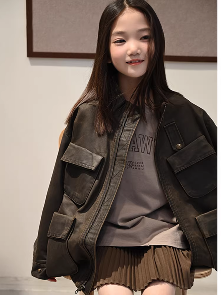 Áo khoác da kiểu retro dành cho bé gái, 25 kiểu mới, áo khoác mùa thu cho trẻ lớn, áo khoác dài trung bình thời trang và hợp xu hướng