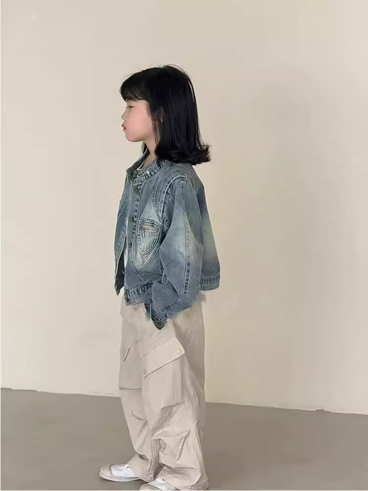 Áo khoác bóng chày mùa xuân cho trẻ em, áo khoác denim cho bé gái, mùa xuân 2025, quần áo denim thời trang cho bé gái lớn.