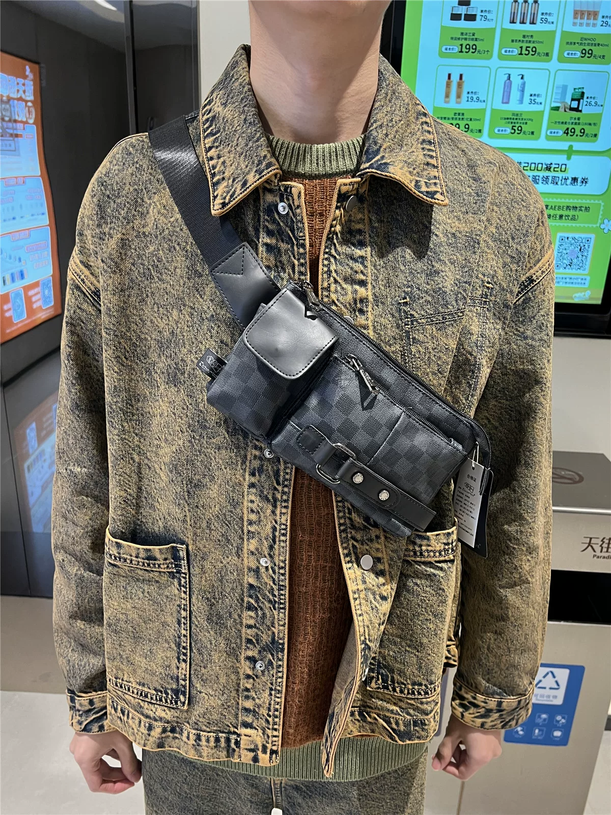 Túi đeo chéo nam thời trang thương hiệu mới 2024, kiểu dáng retro, họa tiết ca rô, túi đeo hông nhỏ, túi đeo vai nhỏ