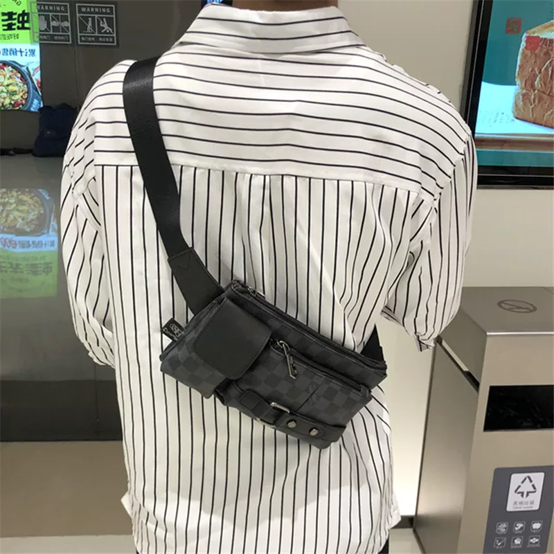 Túi đeo ngực nam thời trang threebox, túi đeo chéo kẻ sọc hợp thời trang, túi đeo hông unisex phong cách Nhật Bản, túi ba lô nhỏ có khóa kéo, túi nam