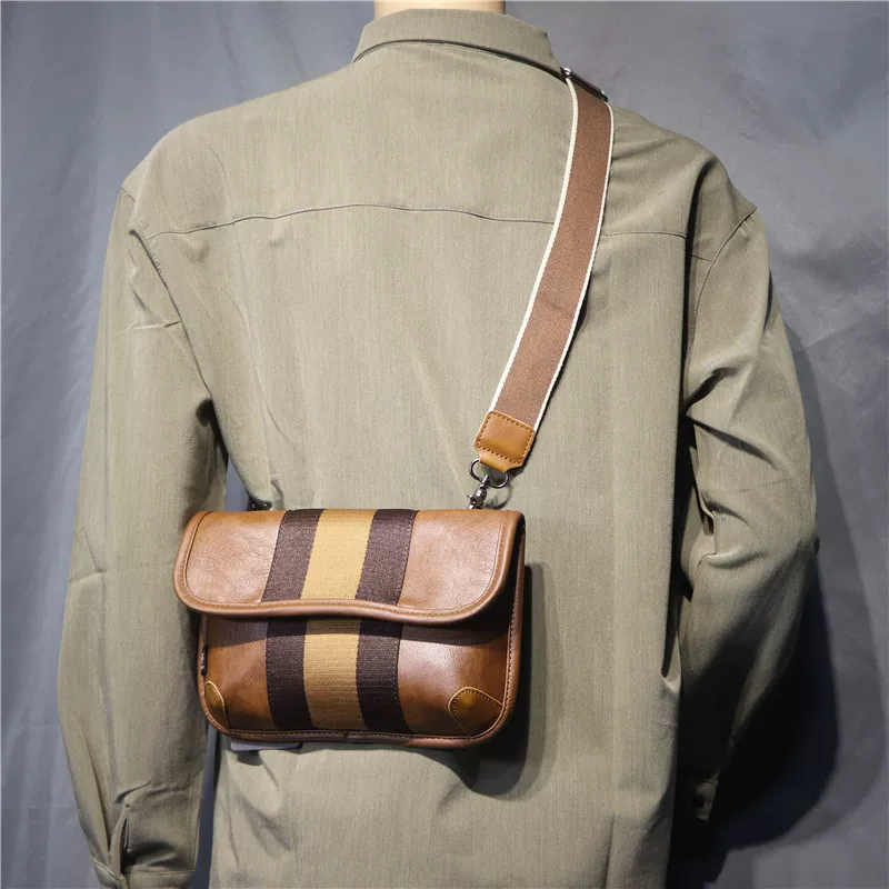 Túi đeo vai nam ba ngăn mới sọc ngang kiểu dáng giản dị unisex retro Nhật Bản và Hàn Quốc, balo nhỏ đeo chéo, túi đựng điện thoại