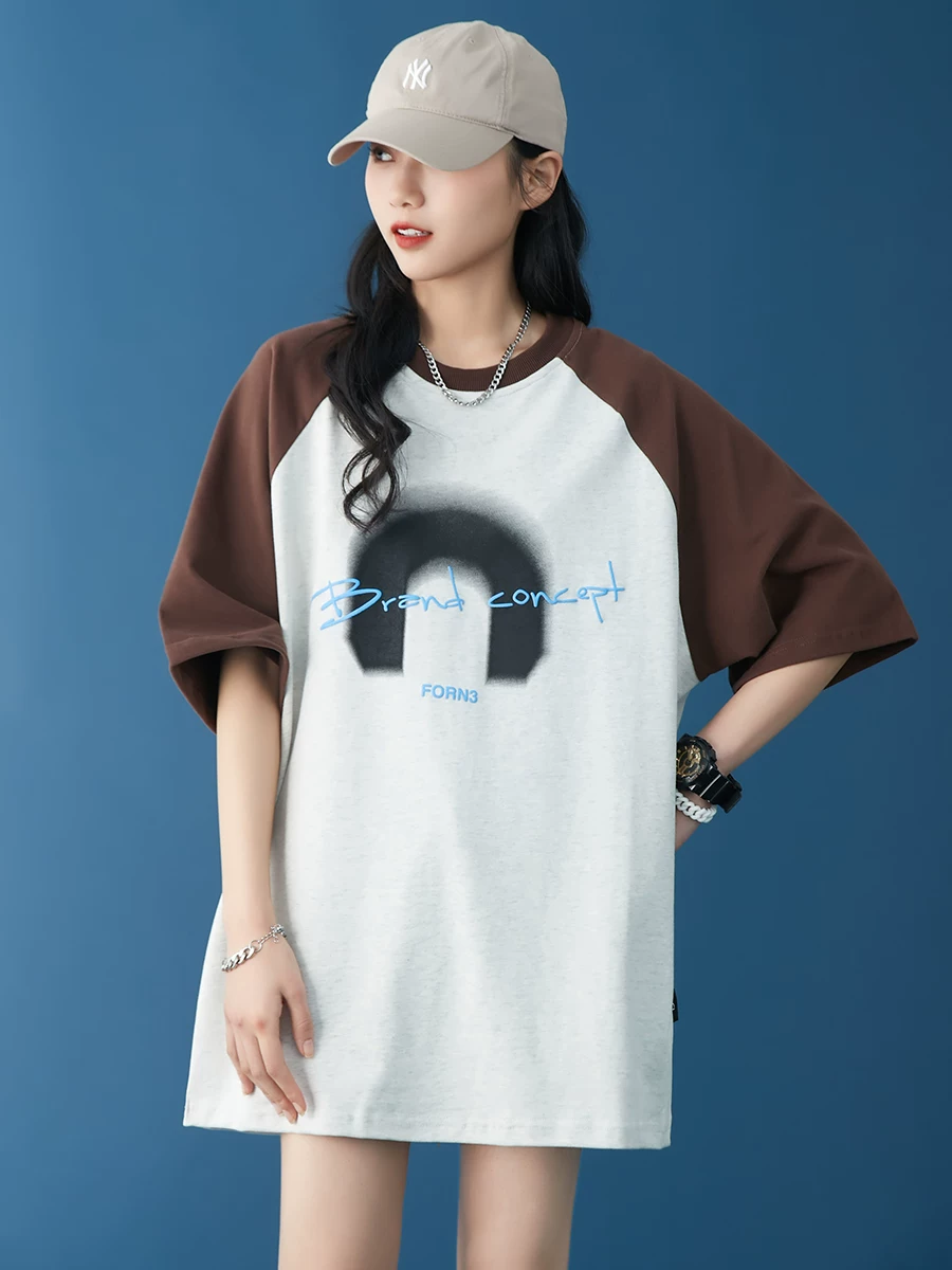 Áo thun oversized chất liệu dày dặn dành cho nữ, kiểu dáng mới mùa hè 2023, tay raglan phối màu, phong cách vintage học đường, tay ngắn rộng rãi.