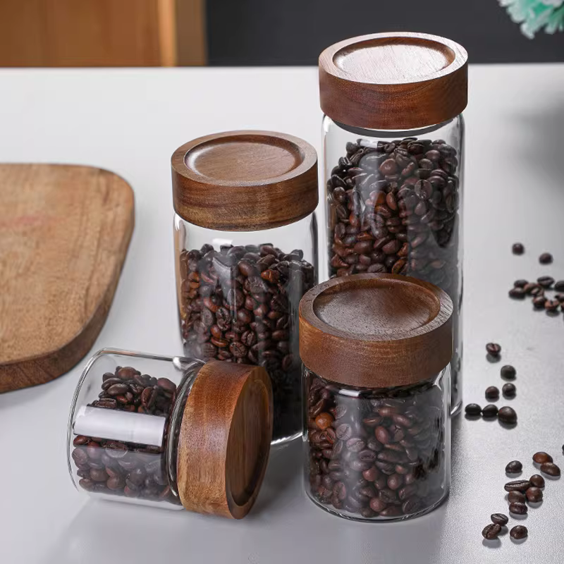 Hũ thủy tinh chịu nhiệt có nắp gỗ keo, dùng để đựng trà, hoa quả khô, đựng cà phê, bột thực phẩm trong suốt