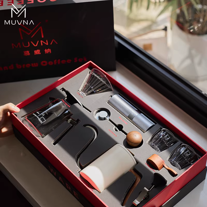 Bộ quà tặng cà phê pha thủ công MUVNA, máy xay cà phê cầm tay GM1, ấm chia sẻ, cốc lọc