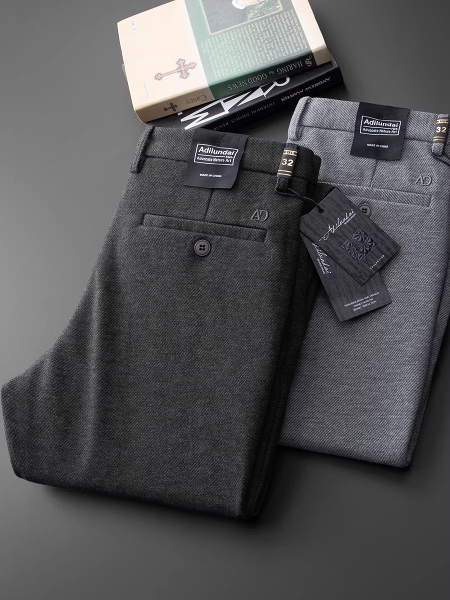 Quần âu nam chất liệu len pha twill mới mùa thu đông, dáng thẳng, rộng rãi, dày dặn, lót lông mềm mại, co giãn.