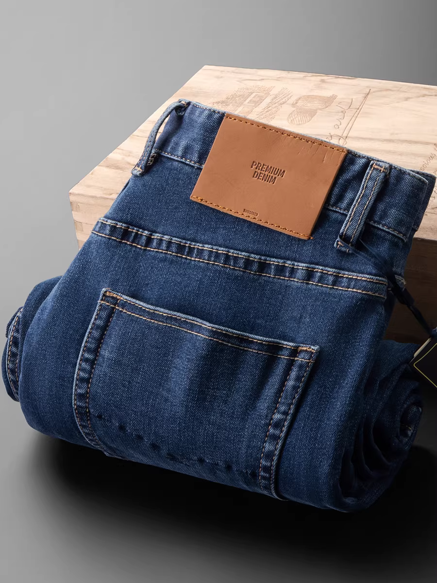 Quần jean nam thu đông mới, màu xanh đậm trơn, kiểu dáng xuông rộng thoải mái, chất liệu cotton mềm mại co giãn.