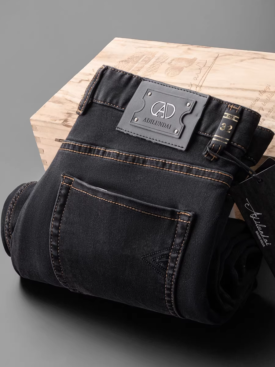 Quần jean nam thu đông mới, quần âu đen chất liệu twill, dáng rộng, ống thẳng, đã qua xử lý làm mềm, co giãn và dày dặn