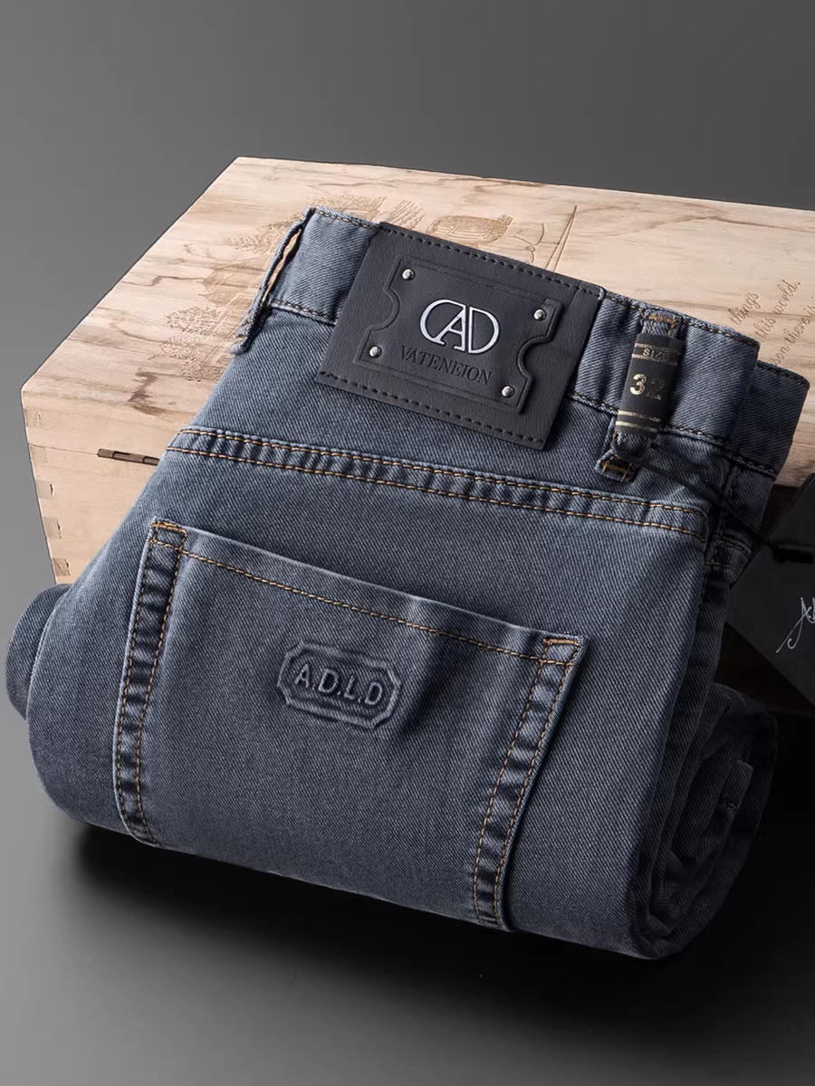 Quần jean nam chất liệu cotton twill Tencel nhẹ, co giãn, dáng thẳng, màu xám xanh, đa năng, giặt mềm, phong cách thường ngày