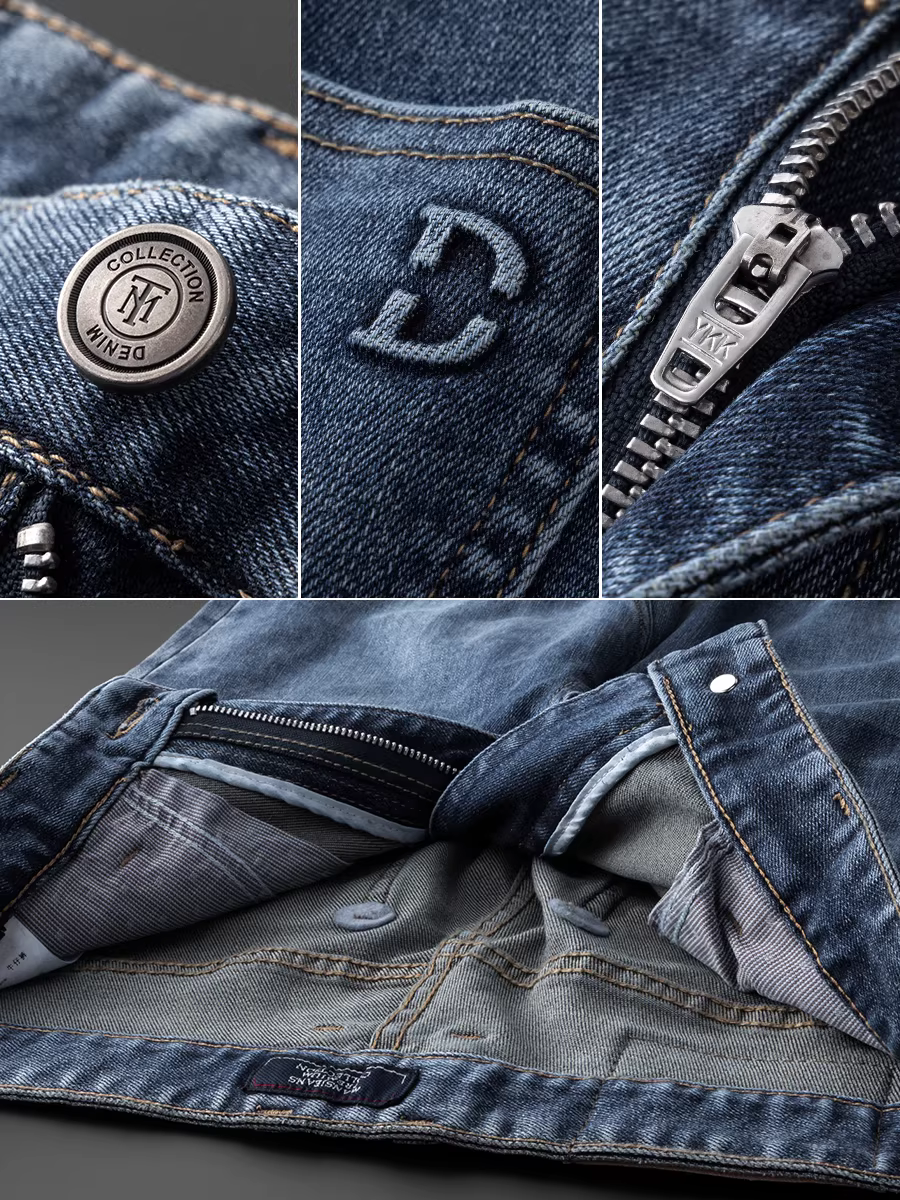 Quần jean nam thu đông mới, quần dài ống thẳng màu xanh, chất liệu cotton mềm mại, co giãn và dày dặn.