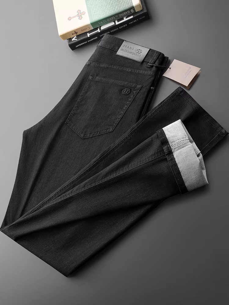 Quần jean nam Lyocell Tencel nhẹ mùa hè, dáng thẳng, màu đen, chất liệu mềm mại, thoáng khí, đa năng