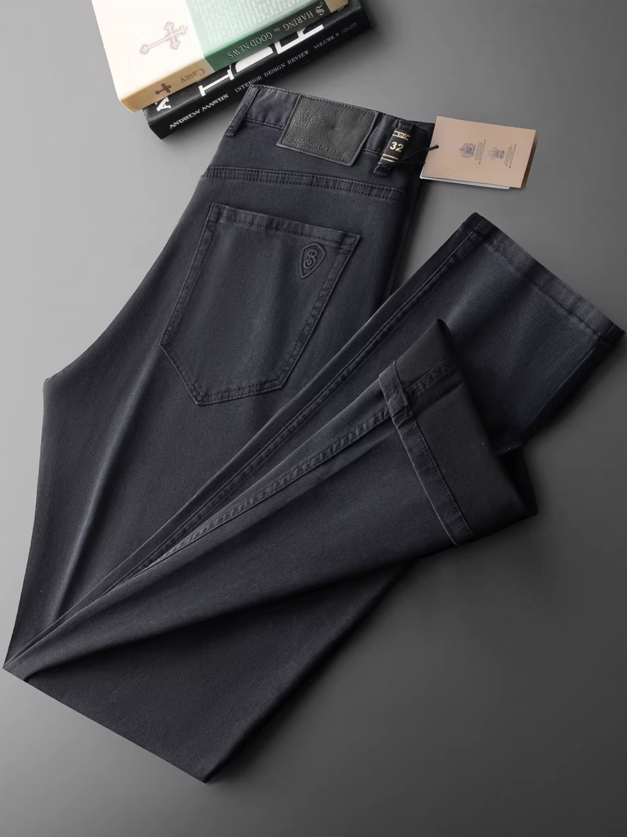 Quần jean nam chất liệu cotton lụa đá nhẹ, co giãn, dáng thẳng, màu xám đậm, trơn, đa năng, giặt mềm, phong cách thường ngày