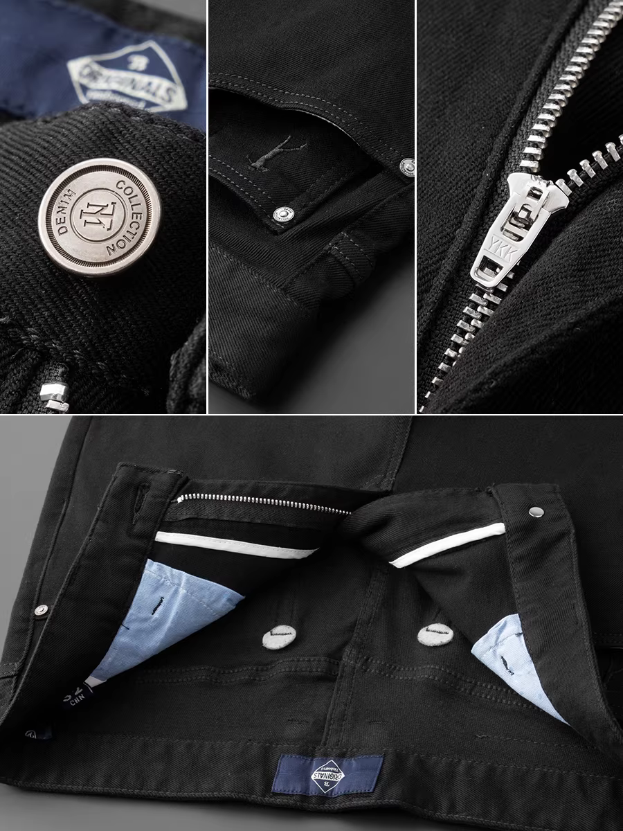 Quần jean nam màu đen tuyền, không phai màu, giặt mềm, dáng thẳng rộng, phong cách kinh điển đa năng, thích hợp cho công sở và thường ngày.