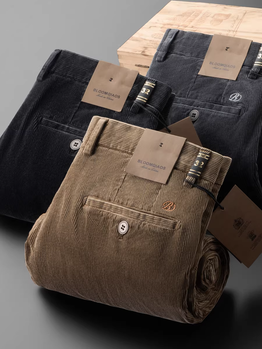 Quần âu nam chất liệu vải bố gân kiểu mới thu đông, quần âu thẳng dáng đứng chất liệu cotton 100%, quần vải bố gân dày.