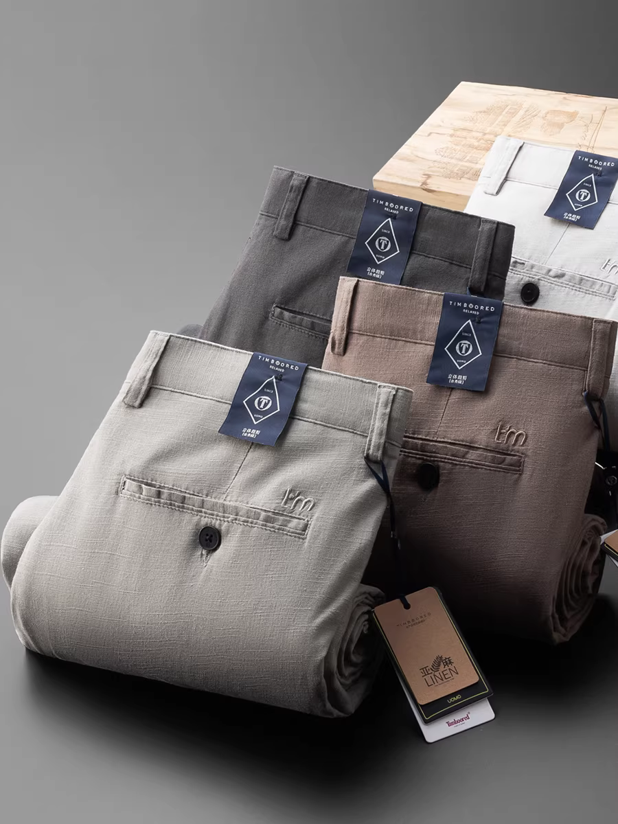 Quần âu nam vải lanh pha dáng thẳng, chất liệu mềm mại, thoáng mát, không bó sát, kiểu dáng đa năng, thích hợp cho công việc và thường ngày.