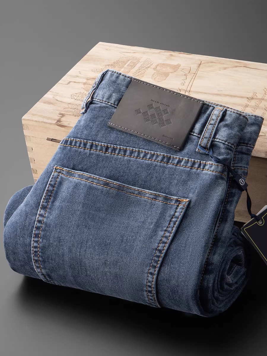 Quần jean nhẹ mới mùa hè dành cho nam, quần cotton co giãn dáng thẳng ống rộng, màu xanh công sở đa năng