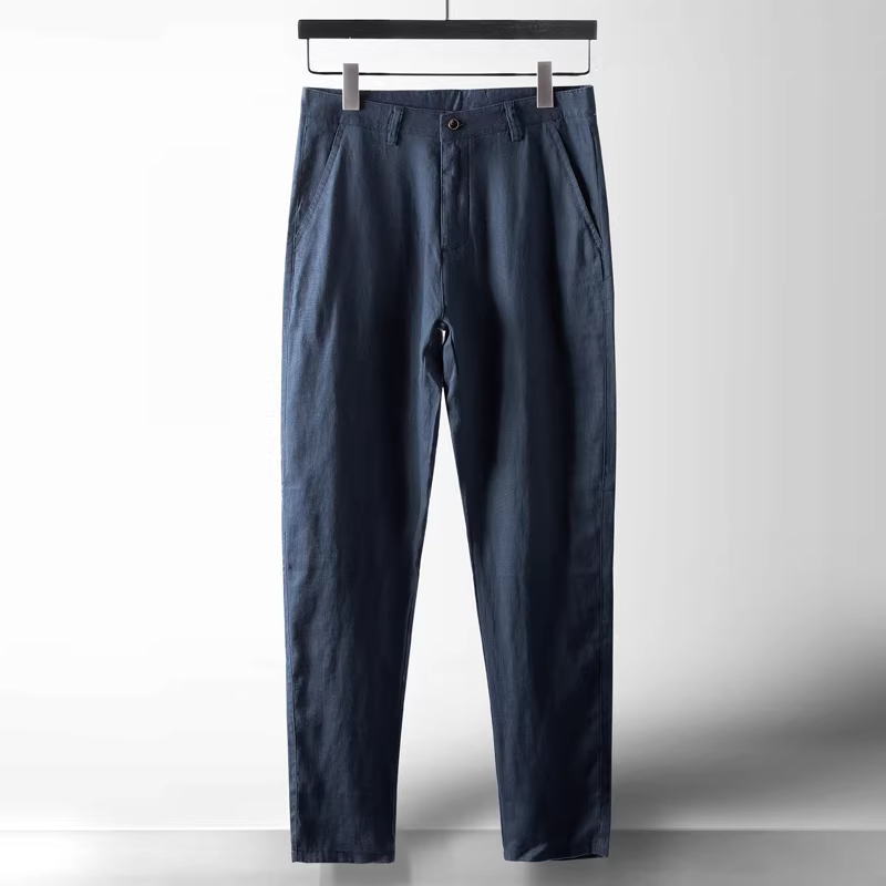 Quần vải lanh nguyên chất dành cho nam, quần cotton-lanh dáng rộng màu trơn, quần công sở thường ngày, quần vải lanh ống thẳng mùa hè, quần dài mỏng
