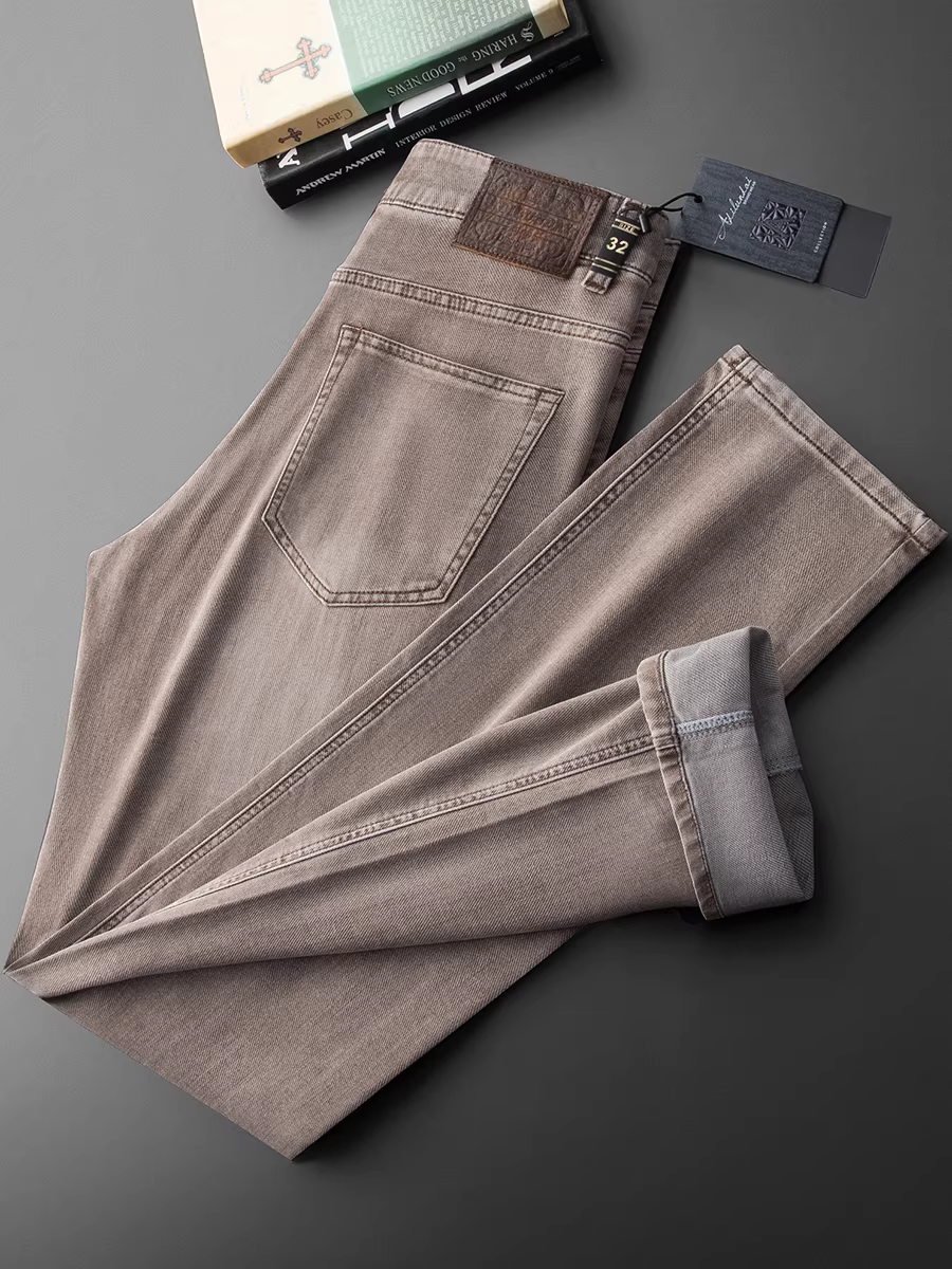 Quần Jean Nam Ống Thẳng Mùa Xuân/Hè 2024 Chất Cotton Co Giãn Màu Nâu Nhạt Dài Mỏng Thoải Mái Thoáng Khí Đa Năng
