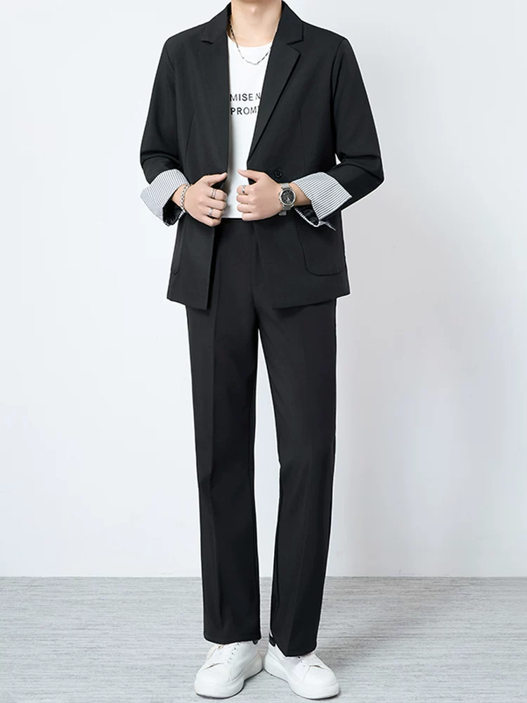 Bộ vest nam phong cách trưởng thành nhẹ nhàng, thời trang xuân thu, áo blazer và quần ống đứng hai mảnh, thương hiệu sành điệu.