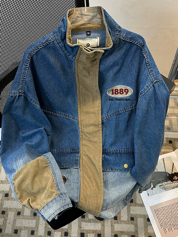Áo khoác thêu chắp vá bằng vải nhung kẻ dành cho nam, áo khoác denim phong cách Mỹ hợp thời trang mùa xuân thu mới, trang phục công sở cổ đứng rộng rãi.
