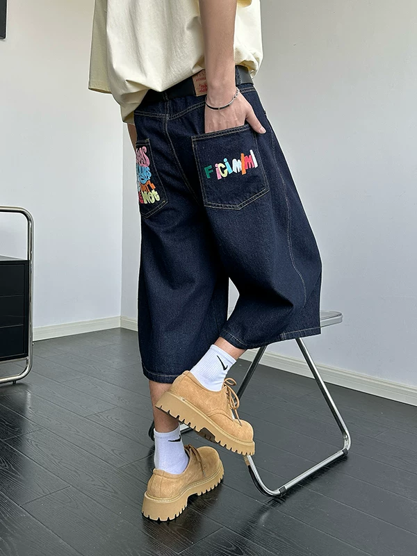 Quần jean in chữ cho nam, quần ống rộng thoải mái mùa hè, thương hiệu thời trang phong cách Mỹ, quần short ống rộng cá tính.
