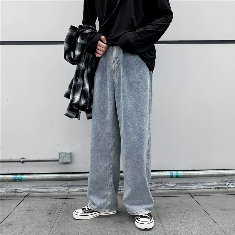 Quần jeans ống đứng dáng suông mùa thu cho nam, quần dài lưng cao rộng rãi đa năng hợp thời trang, quần ống rộng phong cách Hàn Quốc sành điệu.