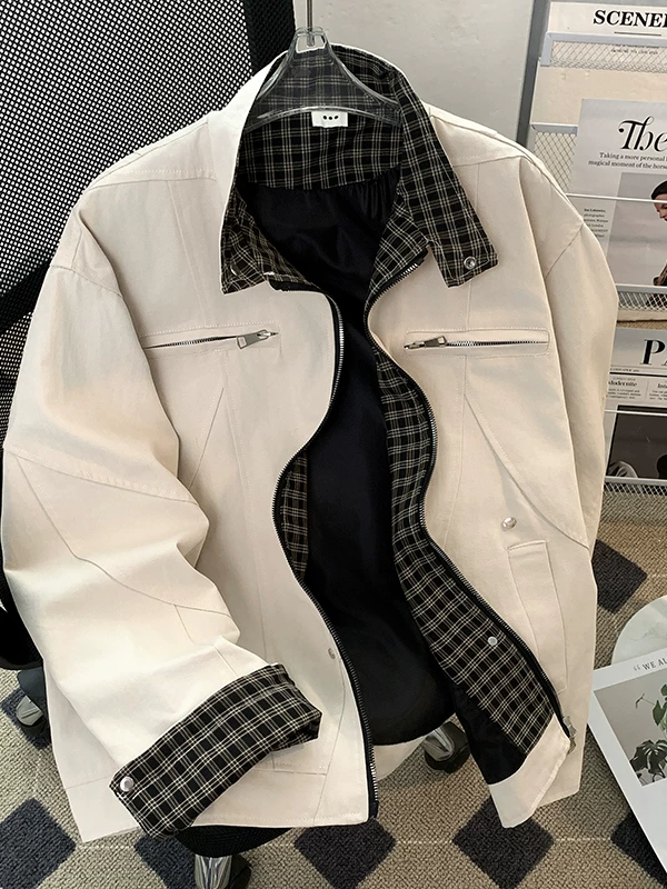 Áo khoác chắp vá kẻ sọc dành cho nam, áo khoác bóng chày dáng rộng hợp thời trang mùa xuân thu, áo khoác công sở kiểu Mỹ cleanfit có ve áo.