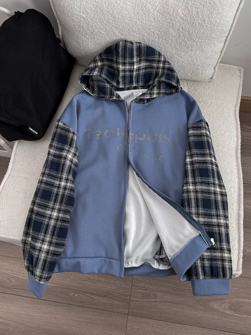 Áo khoác cardigan có mũ kiểu Mỹ dành cho nam và nữ, áo khoác chắp vá kẻ sọc mùa xuân thu, áo khoác cặp đôi dáng rộng hợp thời trang của thương hiệu thời thượng.