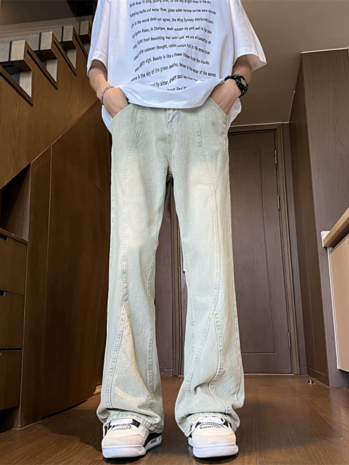 Quần jeans màu vàng đất phong cách đường phố Mỹ, quần casual mùa hè rộng rãi, hợp thời trang, kiểu dáng loe dành cho nam