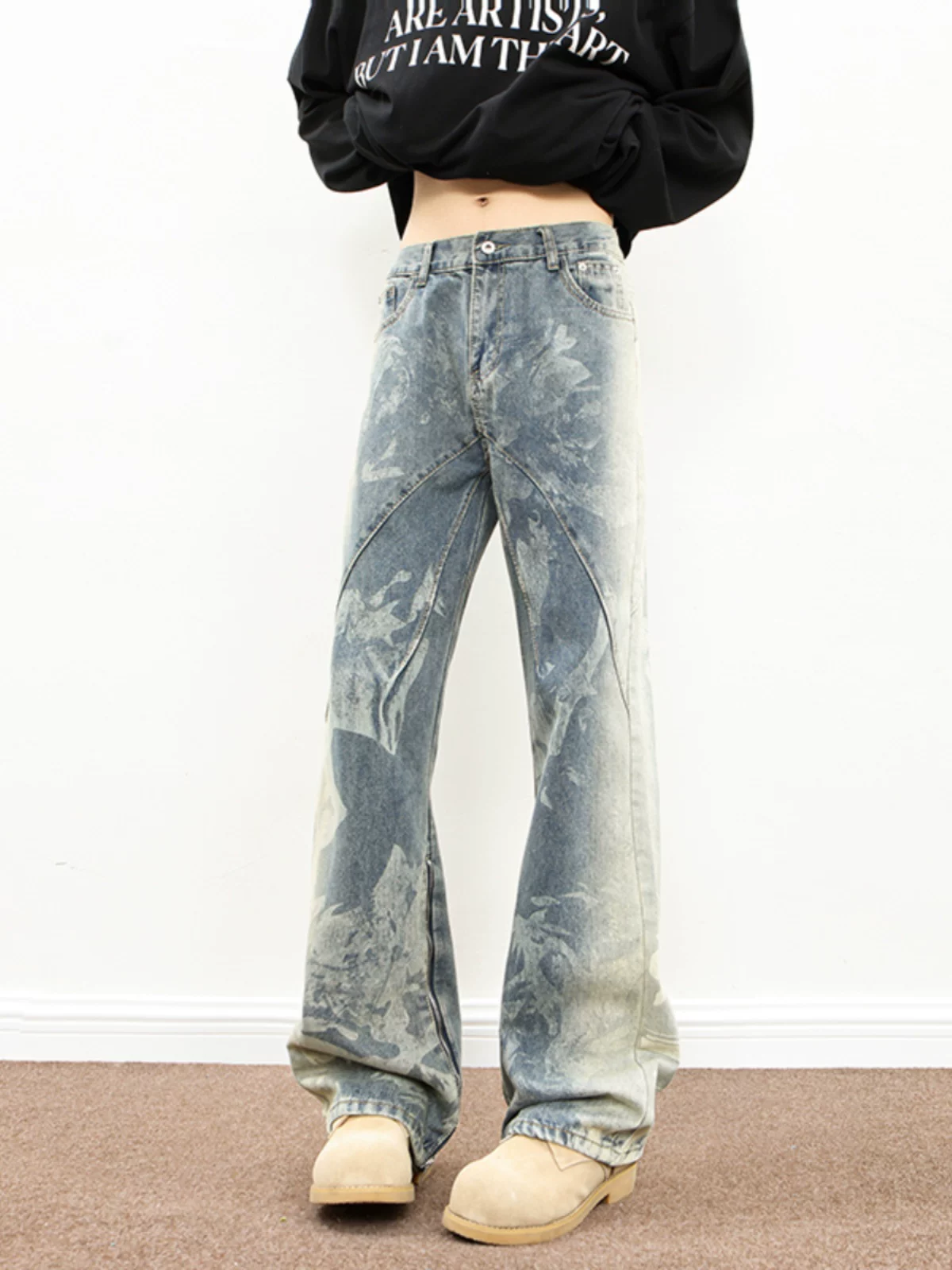 Quần jean tie-dye Totem dành cho nam, quần vintage phong cách Mỹ, quần ống loe dáng thẳng hợp thời trang mùa xuân thu.