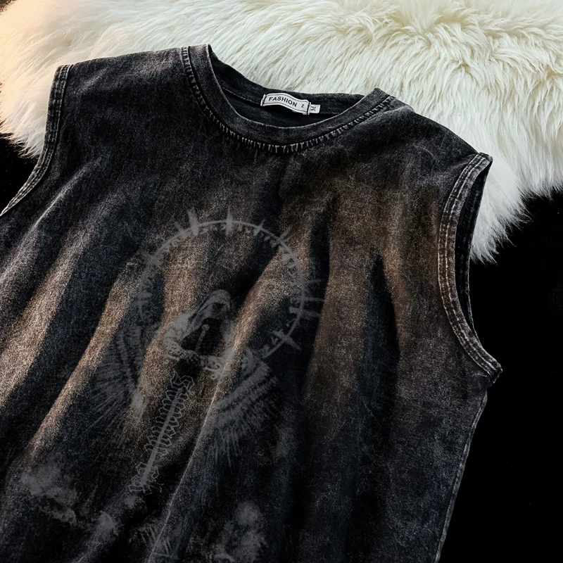 Áo vest vintage mùa hè dành cho nam, áo ba lỗ in họa tiết thời thượng, phong cách Mỹ phóng khoáng, áo thun không tay cá tính và sành điệu.