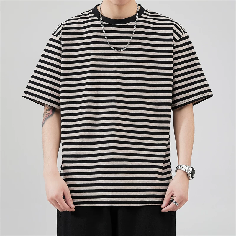 Áo thun nam tay ngắn sọc cotton nguyên chất, phong cách Nhật Bản, kiểu dáng đơn giản, thoải mái, dáng rộng mùa hè, áo thun nửa tay thời thượng và sành điệu.