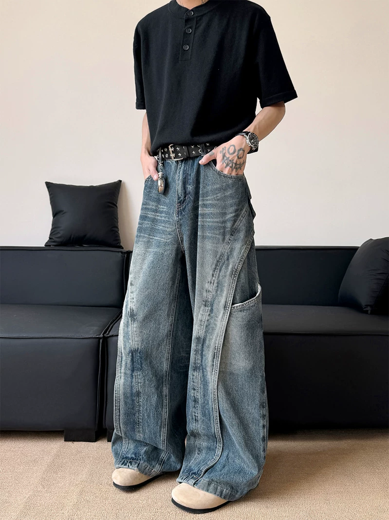 Quần jean nam kiểu dáng thiết kế thời trang, quần ống đứng phối vải phong cách Mỹ, quần ống rộng retro phong cách đường phố.