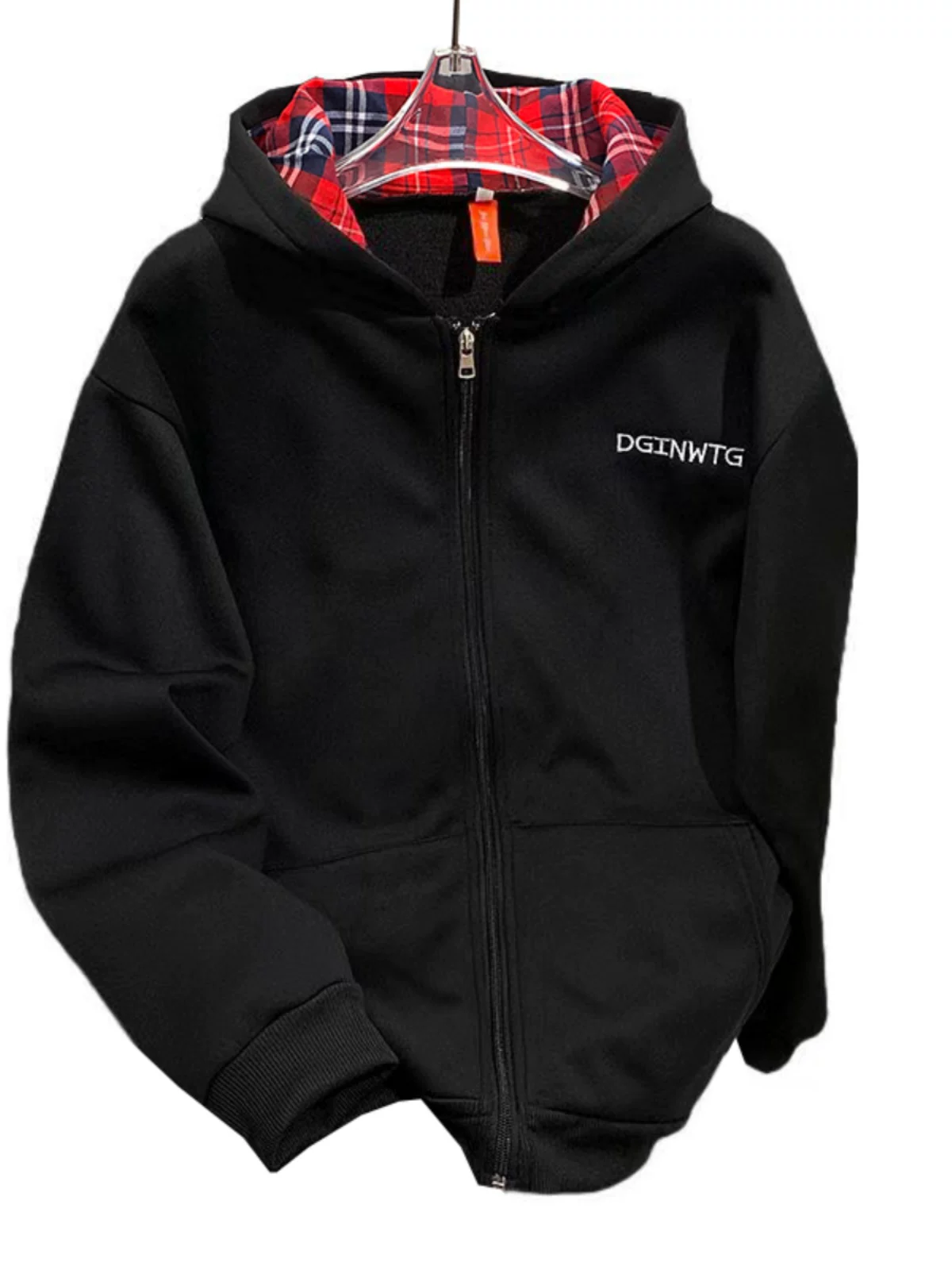 Áo khoác cardigan chắp vá kẻ sọc dành cho nam, áo nỉ dày có mũ lót lông cừu mùa thu đông, quần áo cặp đôi rộng rãi hợp thời trang theo phong cách Mỹ.